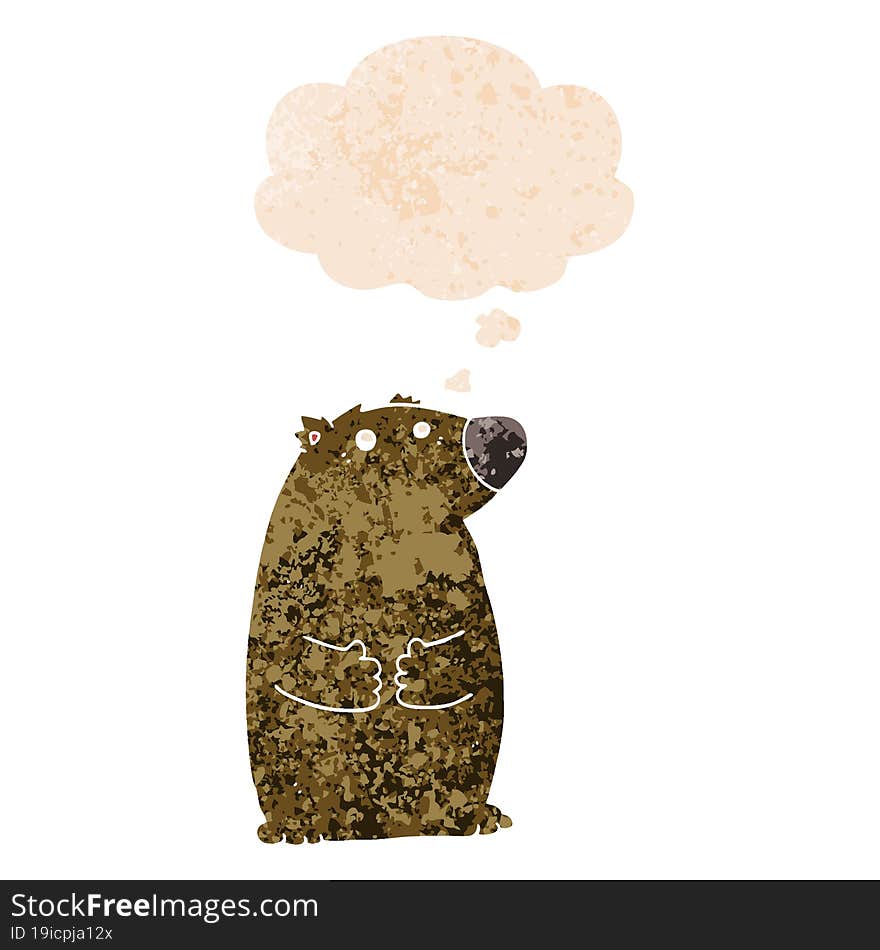 cartoon bear and thought bubble in retro textured style