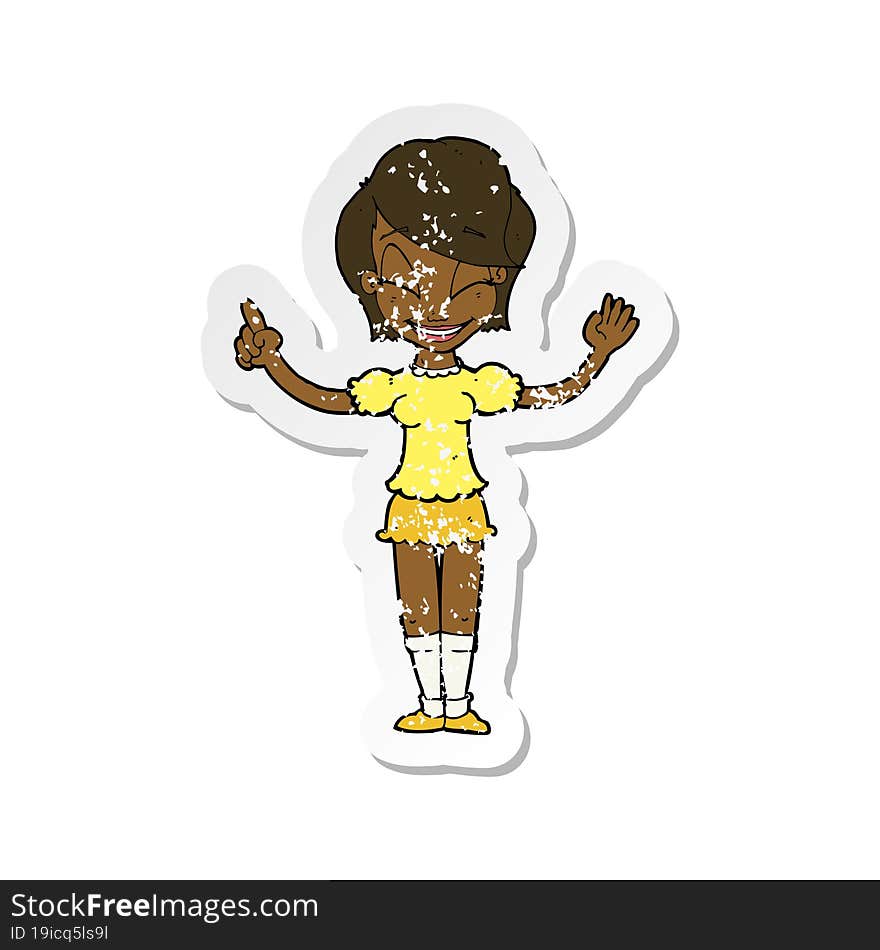 retro distressed sticker of a cartoon pretty girl with idea