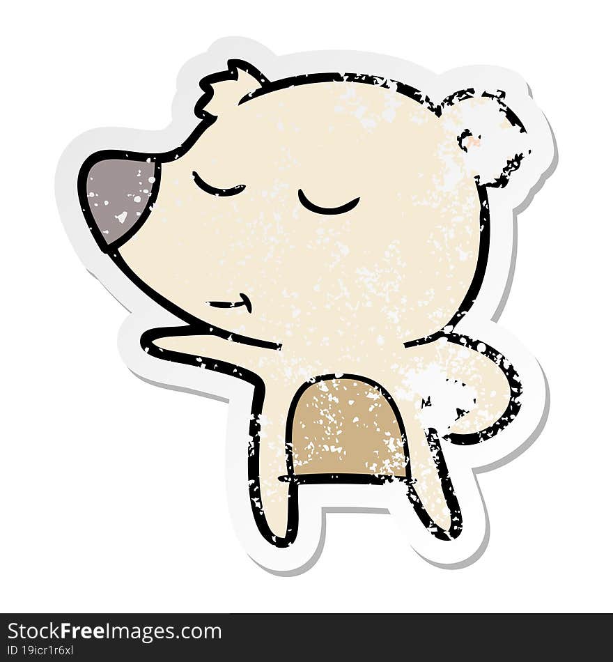 distressed sticker of a happy cartoon bear pointing