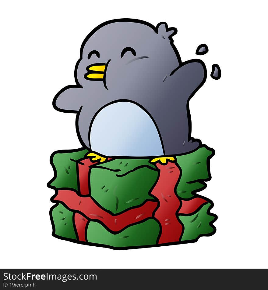 cartoon penguin on wrapped present. cartoon penguin on wrapped present