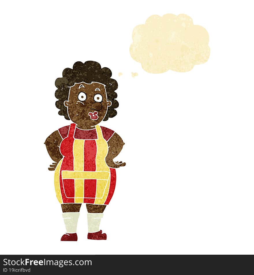 cartoon woman in kitchen apron with thought bubble