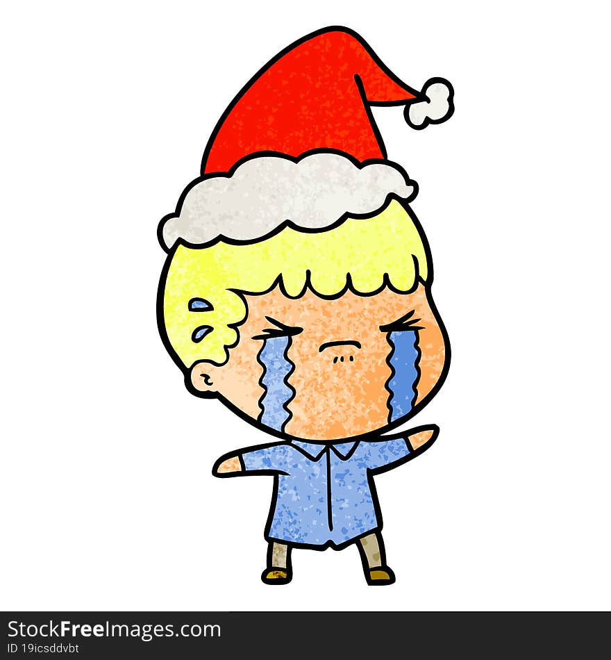 textured cartoon of a man crying wearing santa hat