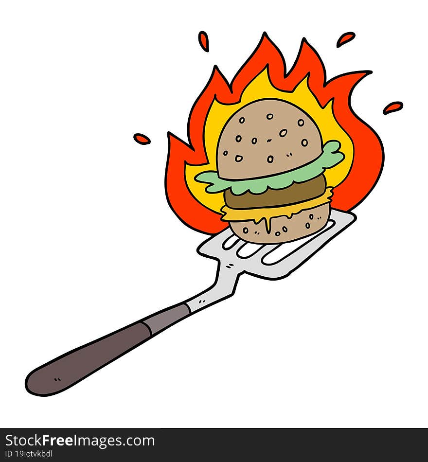 cartoon flaming burger on spatula. cartoon flaming burger on spatula