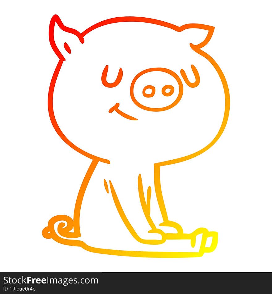 warm gradient line drawing of a happy cartoon pig sitting