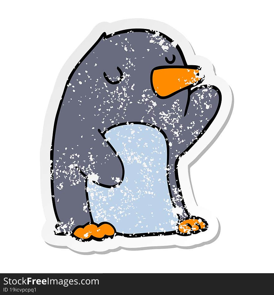 distressed sticker of a cartoon penguin