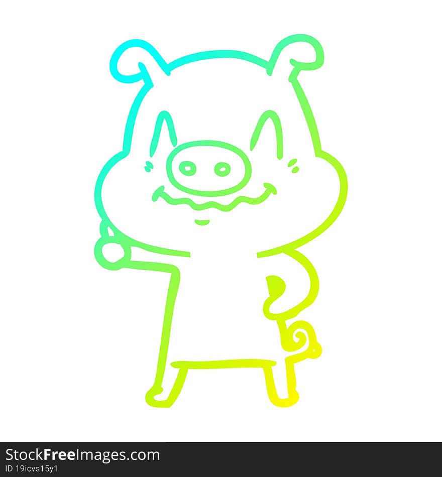 cold gradient line drawing of a nervous cartoon pig