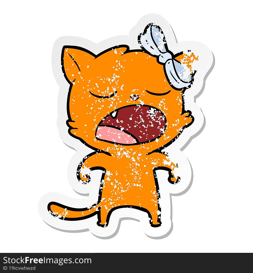 distressed sticker of a cartoon yawning cat