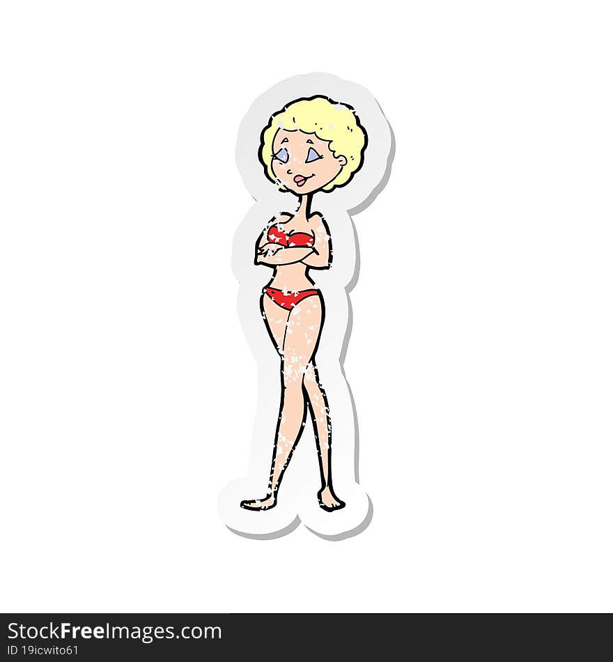 retro distressed sticker of a cartoon retro woman in bikini