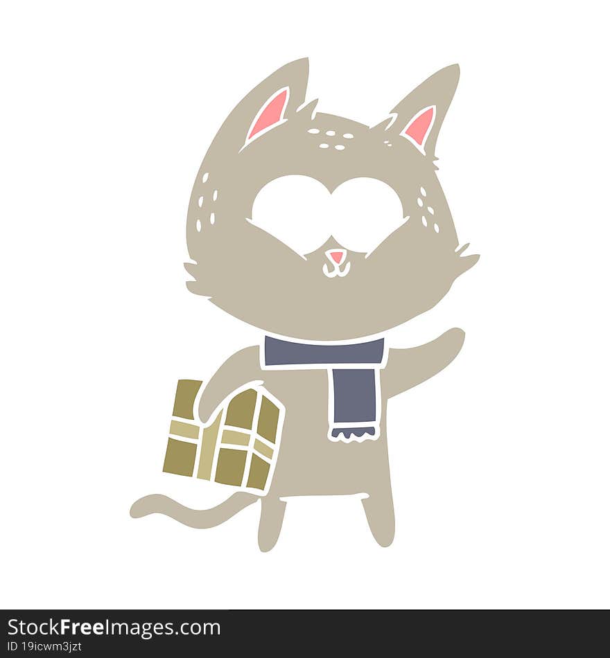 Flat Color Style Cartoon Cat Holding Christmas Present