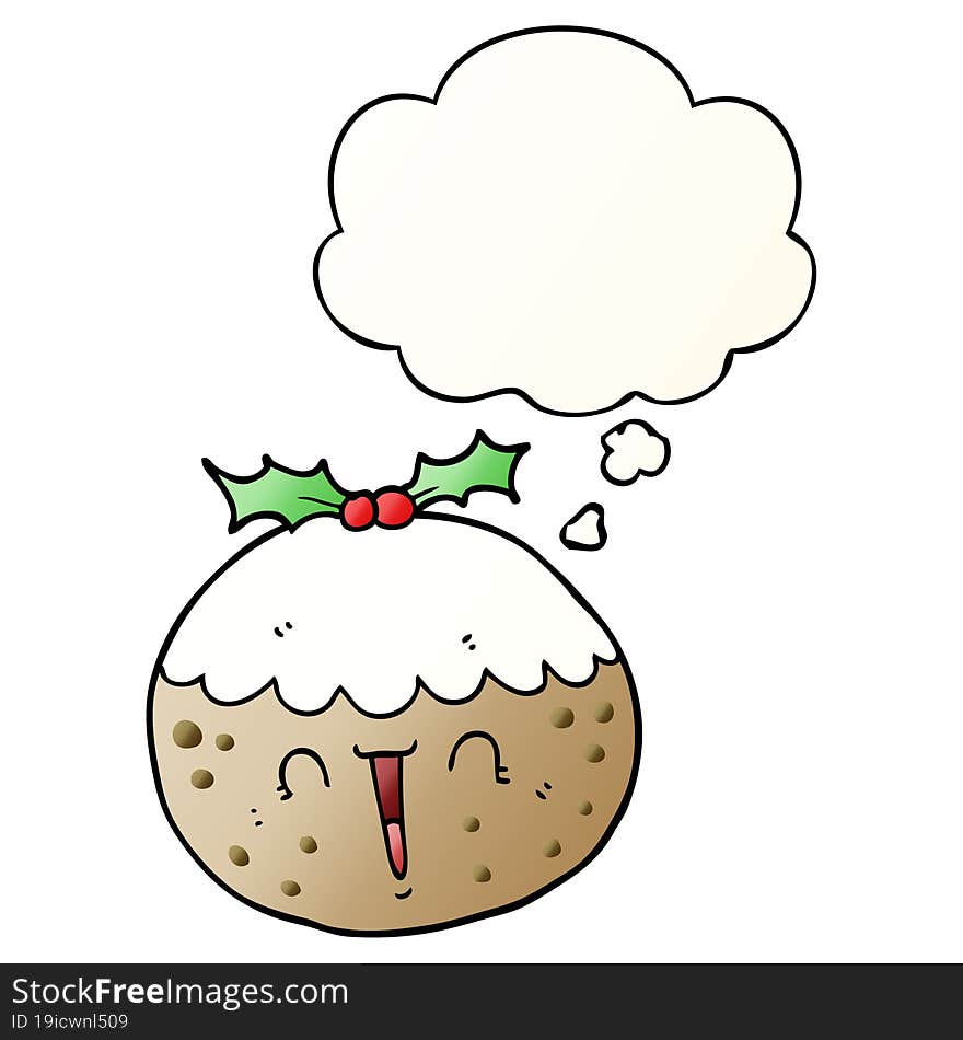 Cute Cartoon Christmas Pudding And Thought Bubble In Smooth Gradient Style