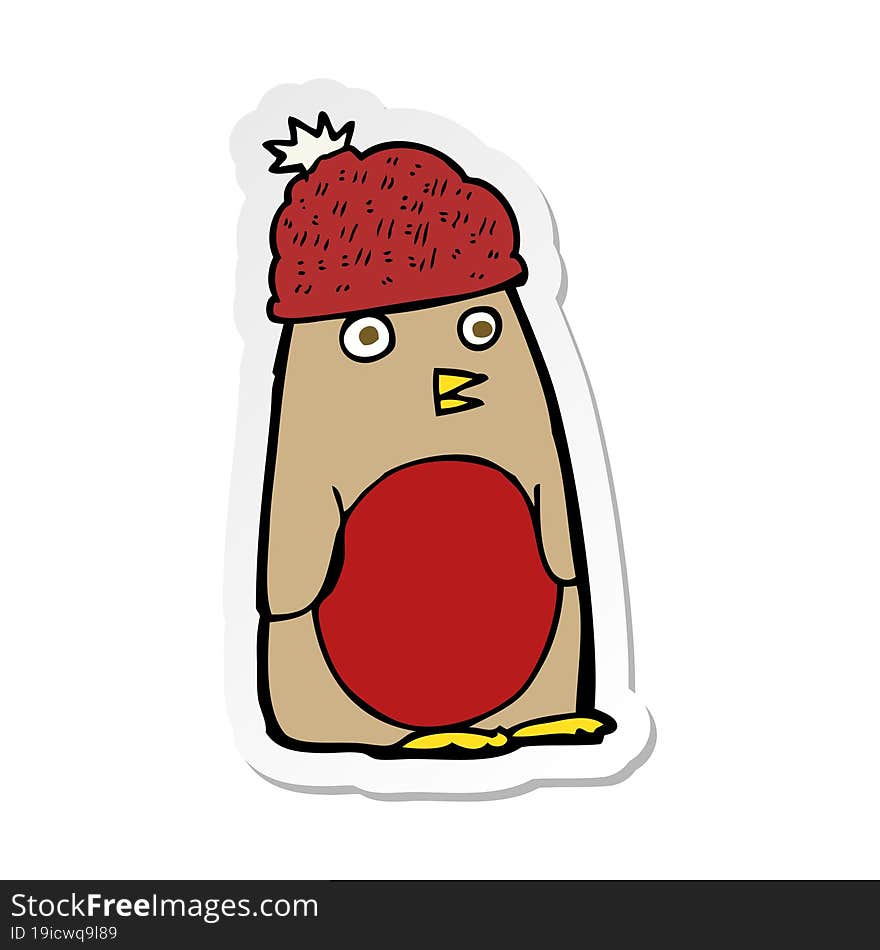 sticker of a cartoon robin in hat