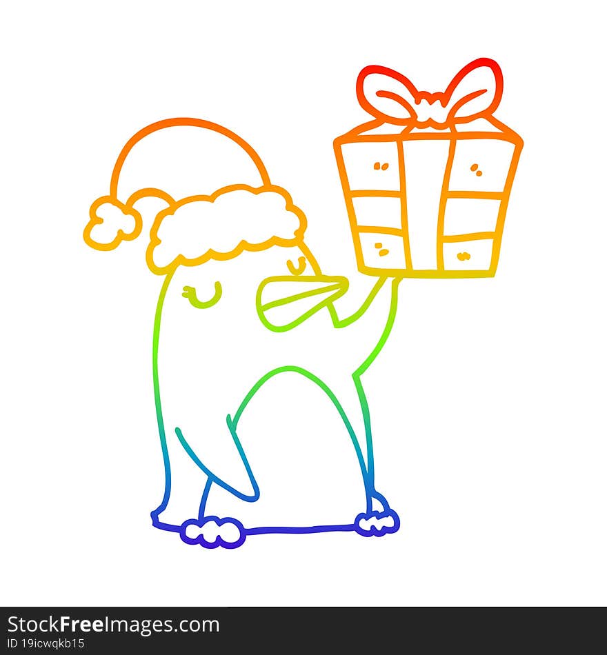 rainbow gradient line drawing cartoon penguin with christmas present