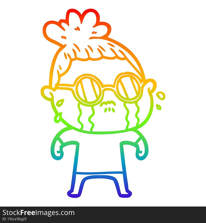 rainbow gradient line drawing cartoon crying woman wearing spectacles