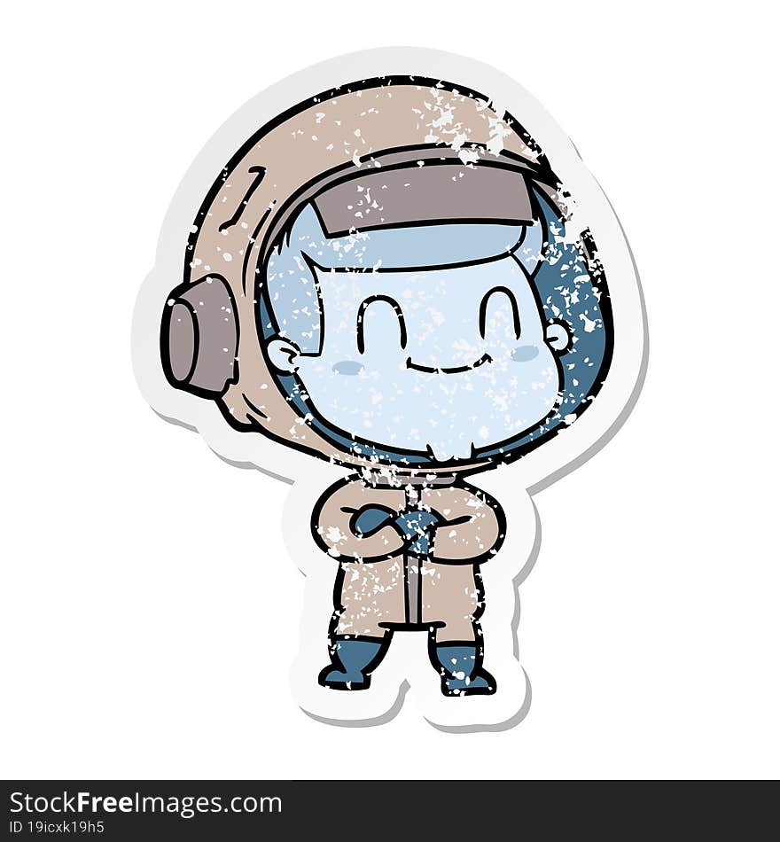 distressed sticker of a happy cartoon astronaut man