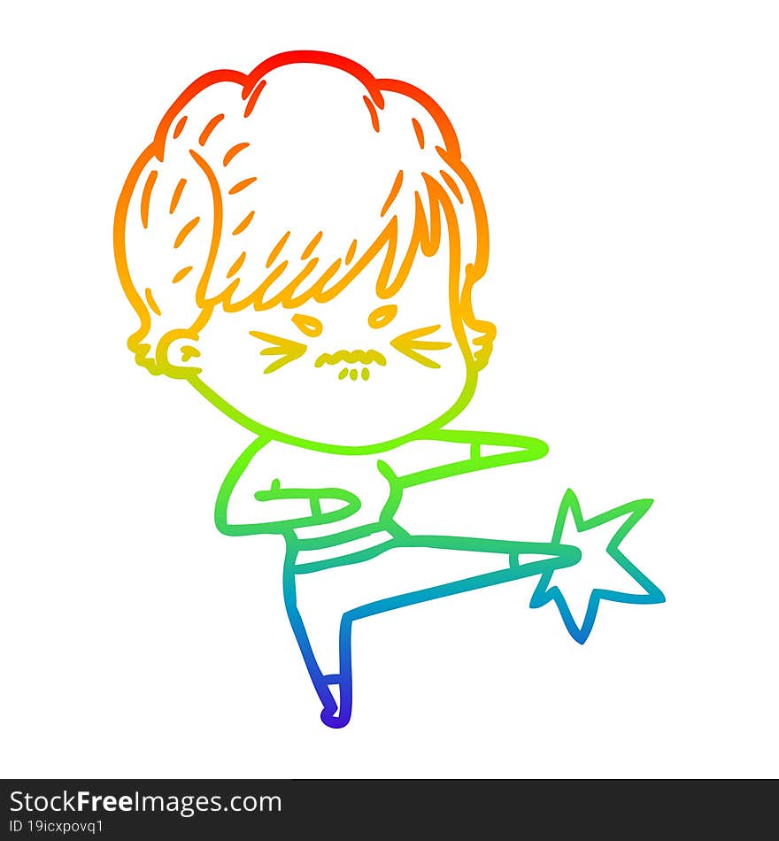 Rainbow Gradient Line Drawing Cartoon Frustrated Woman