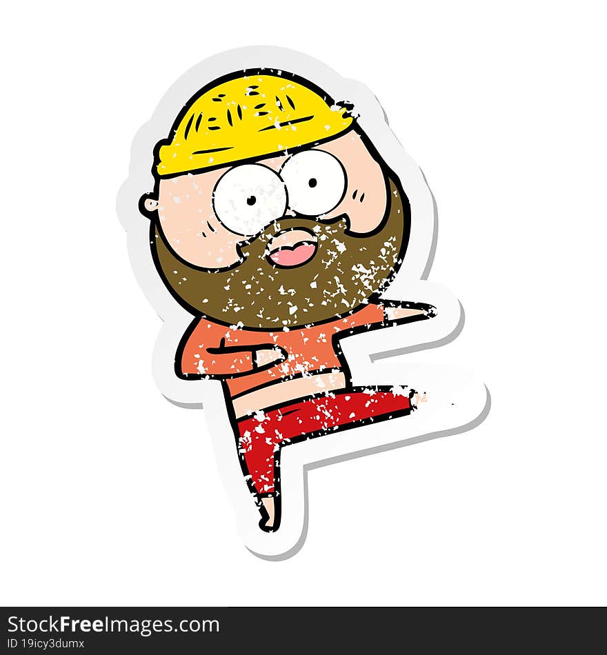 distressed sticker of a cartoon surprised bearded man dancing