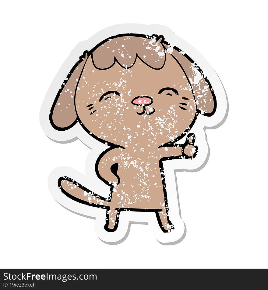 distressed sticker of a happy cartoon dog giving thumbs up sign