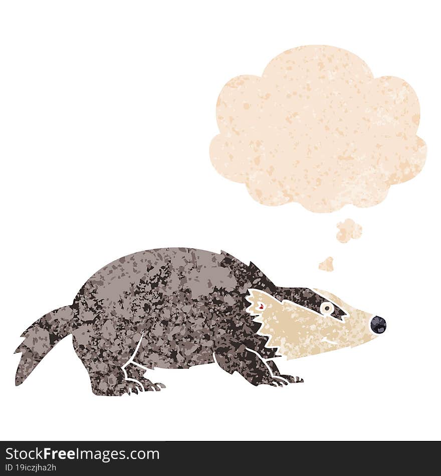 cartoon badger and thought bubble in retro textured style