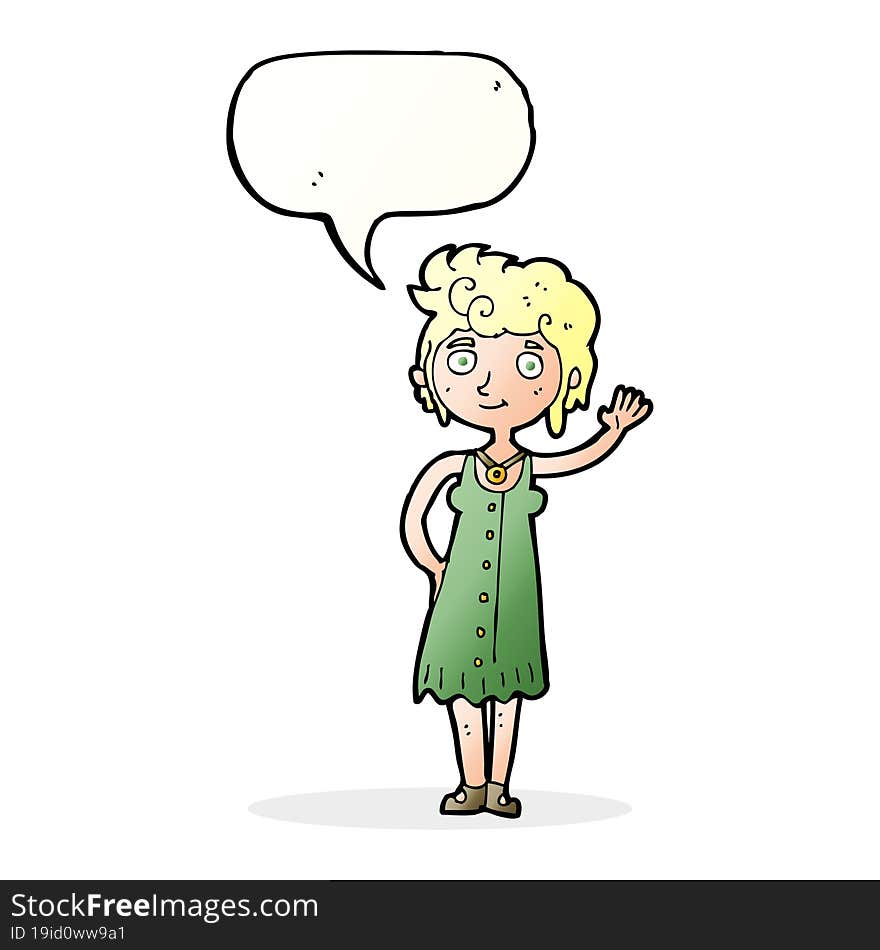 Cartoon Hippie Woman Waving With Speech Bubble