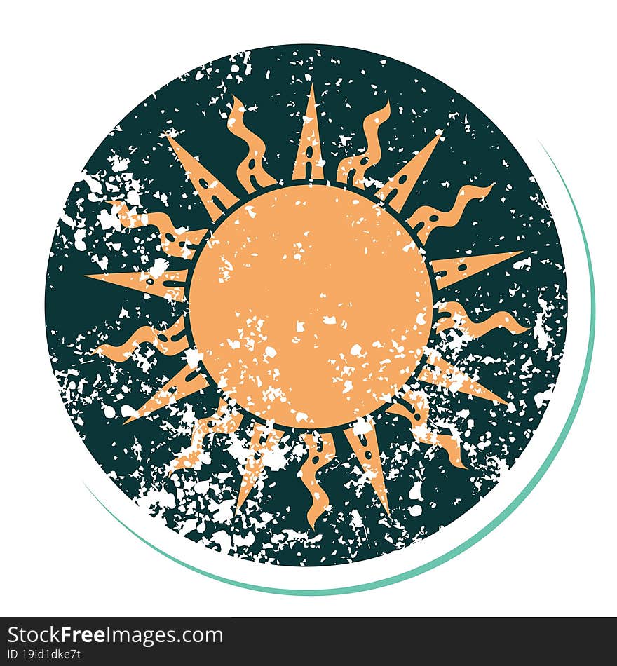 distressed sticker tattoo style icon of a sun