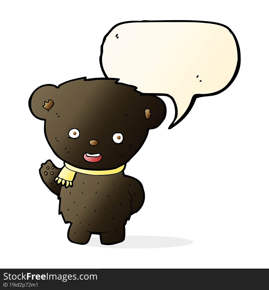 cartoon black bear waving with speech bubble