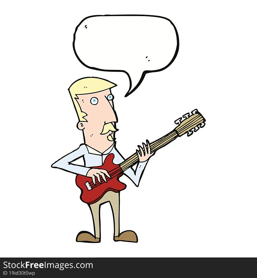 cartoon man playing electric guitar with speech bubble