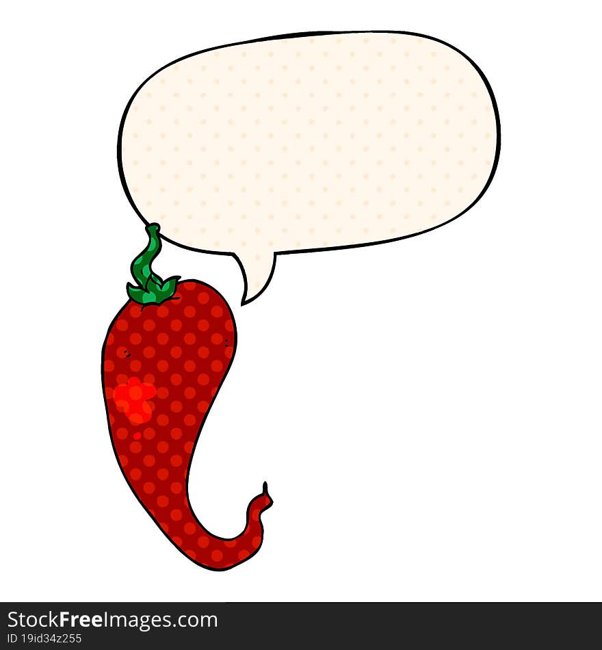 cartoon chili pepper and speech bubble in comic book style