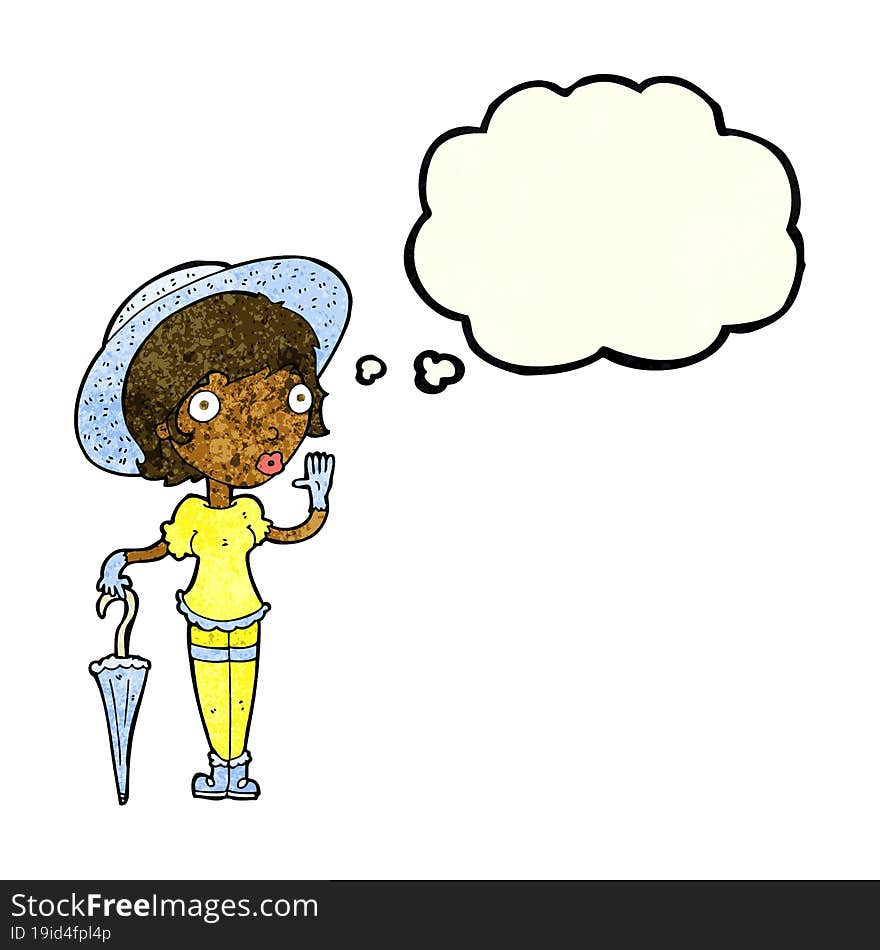 cartoon woman in summer hat waving with thought bubble