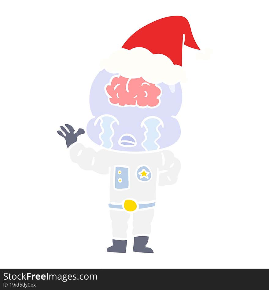 flat color illustration of a big brain alien crying wearing santa hat