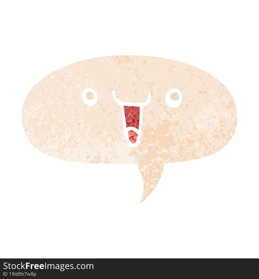 cute happy cartoon face and speech bubble in retro textured style