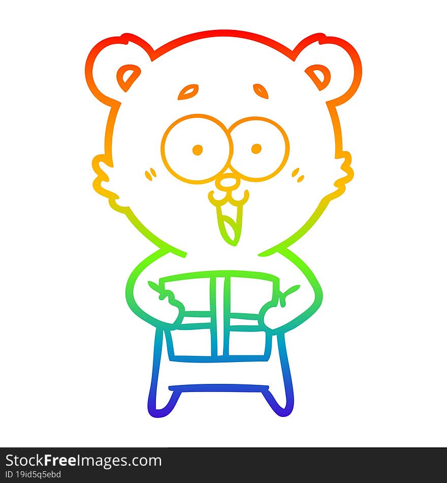 Rainbow Gradient Line Drawing Laughing Teddy  Bear With Christmas Present