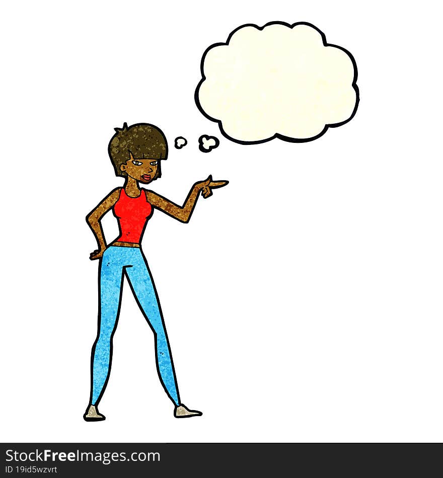 cartoon woman pointing with thought bubble