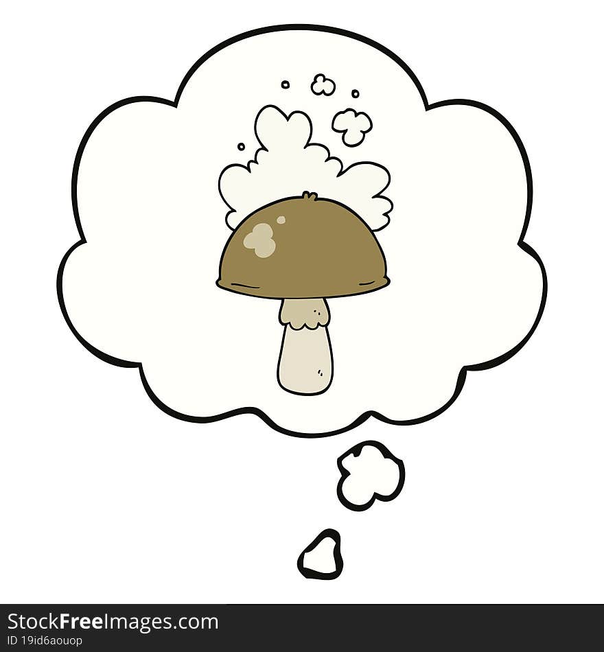 cartoon mushroom with spore cloud and thought bubble