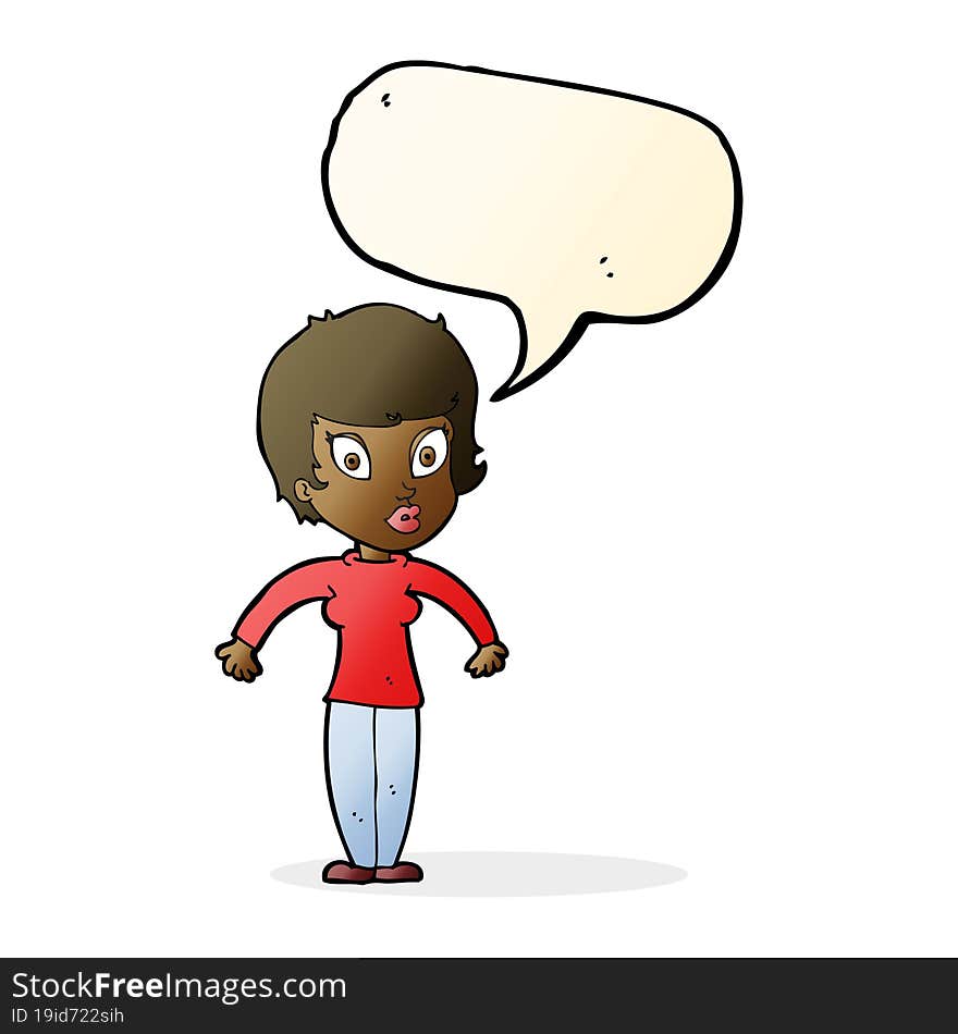 cartoon woman shrugging shoulders with speech bubble