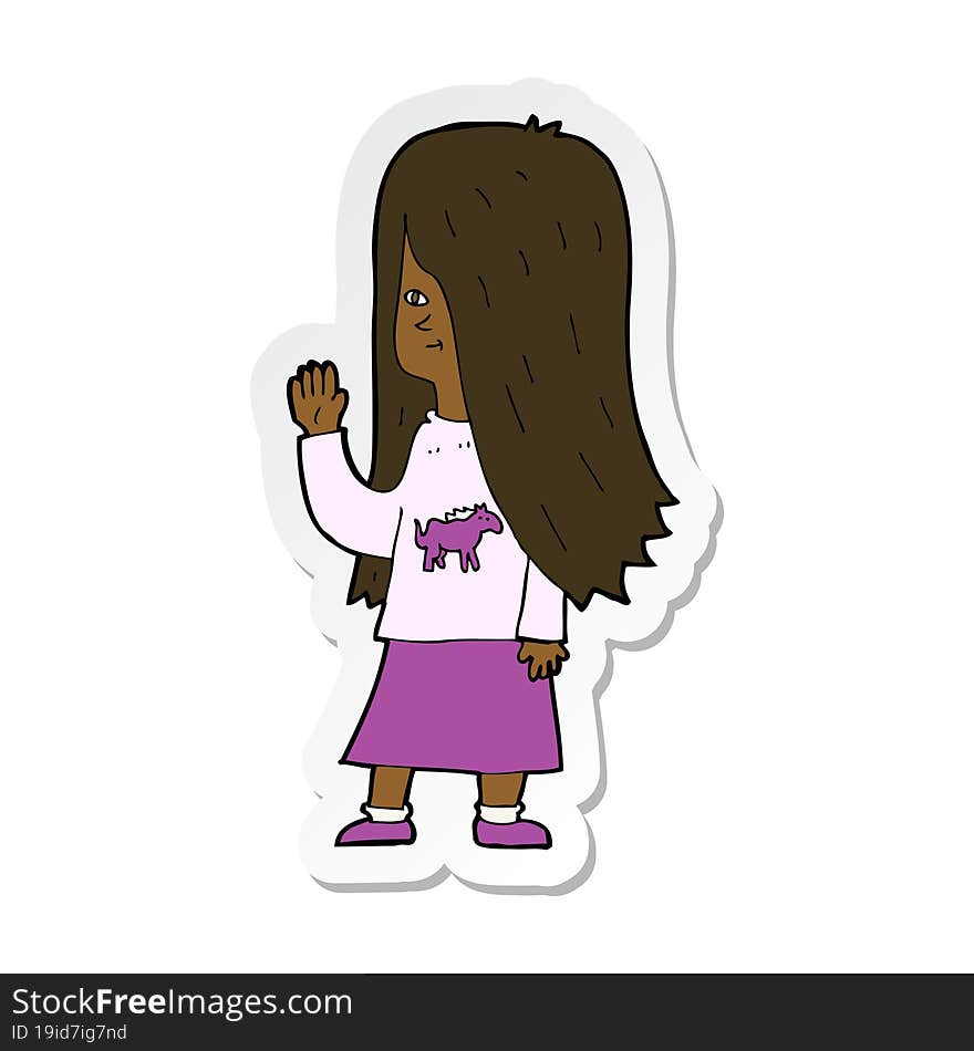 sticker of a cartoon girl with pony shirt waving