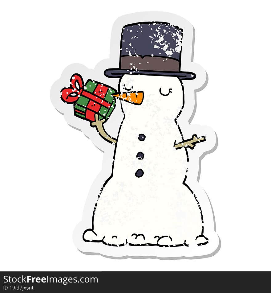 distressed sticker of a cartoon snowman