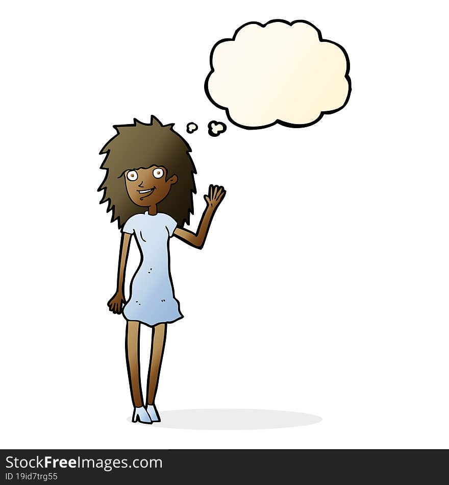 cartoon happy woman waving with thought bubble