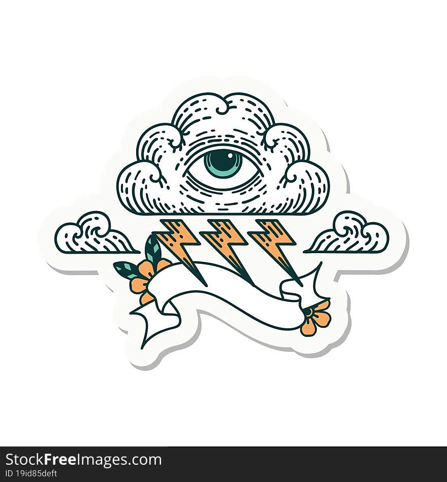 tattoo style sticker with banner of an all seeing eye cloud