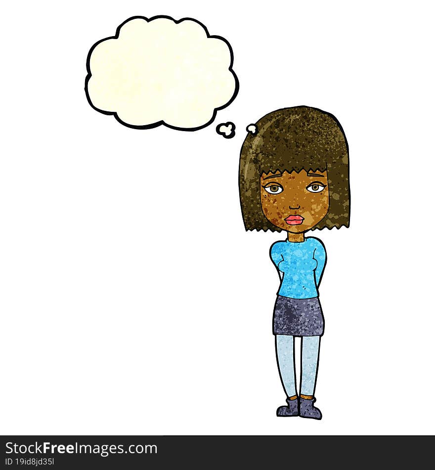 cartoon serious girl with thought bubble