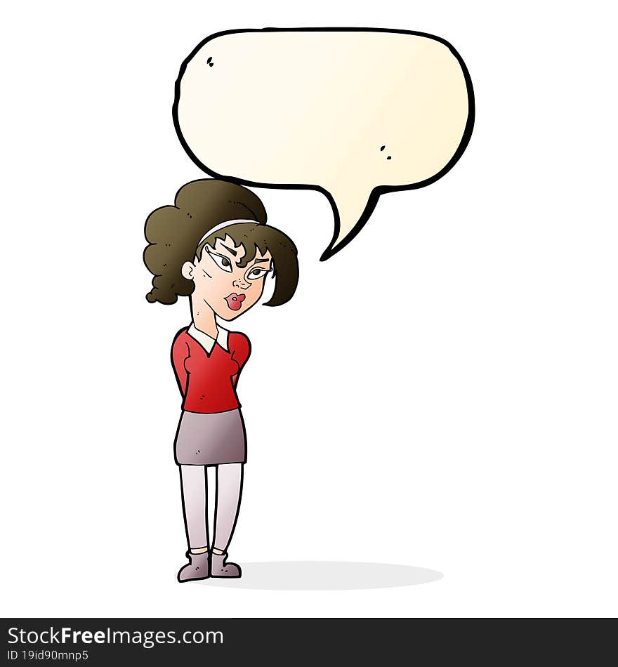 cartoon pretty girl tilting head with speech bubble