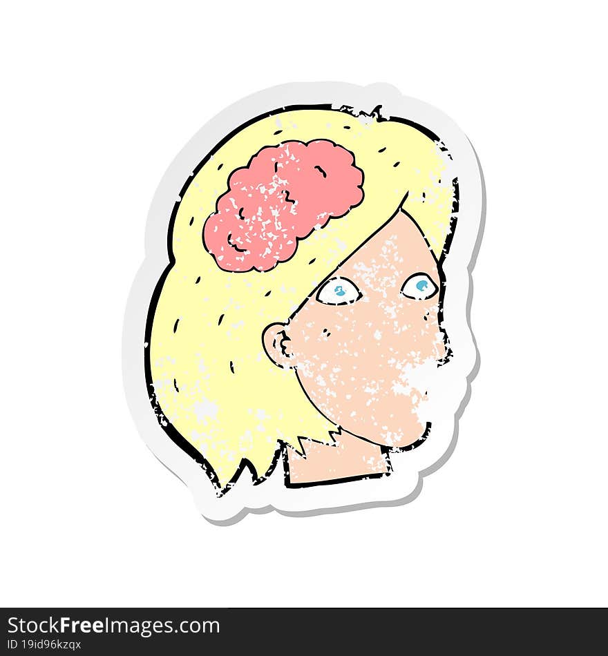 Retro Distressed Sticker Of A Cartoon Female Head With Brain Symbol