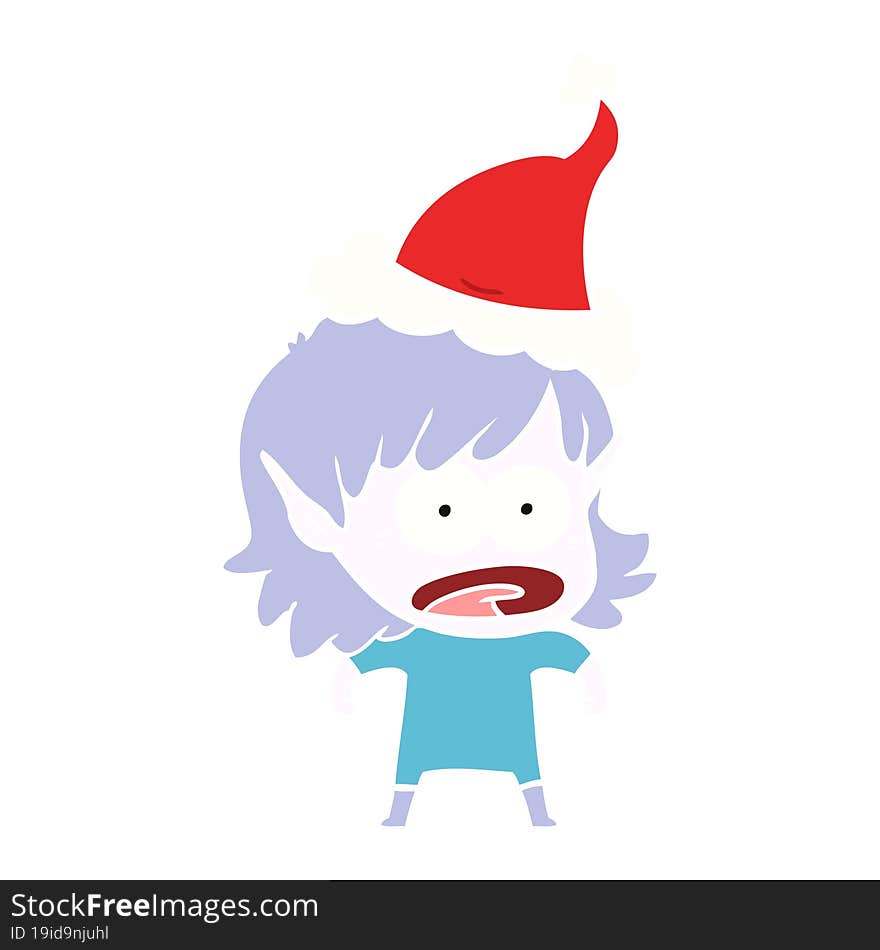 flat color illustration of a shocked elf girl wearing santa hat