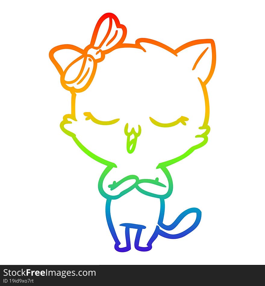 Rainbow Gradient Line Drawing Cartoon Cat With Bow On Head