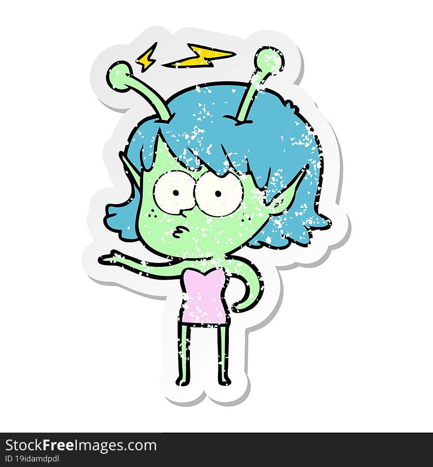 distressed sticker of a cartoon alien girl