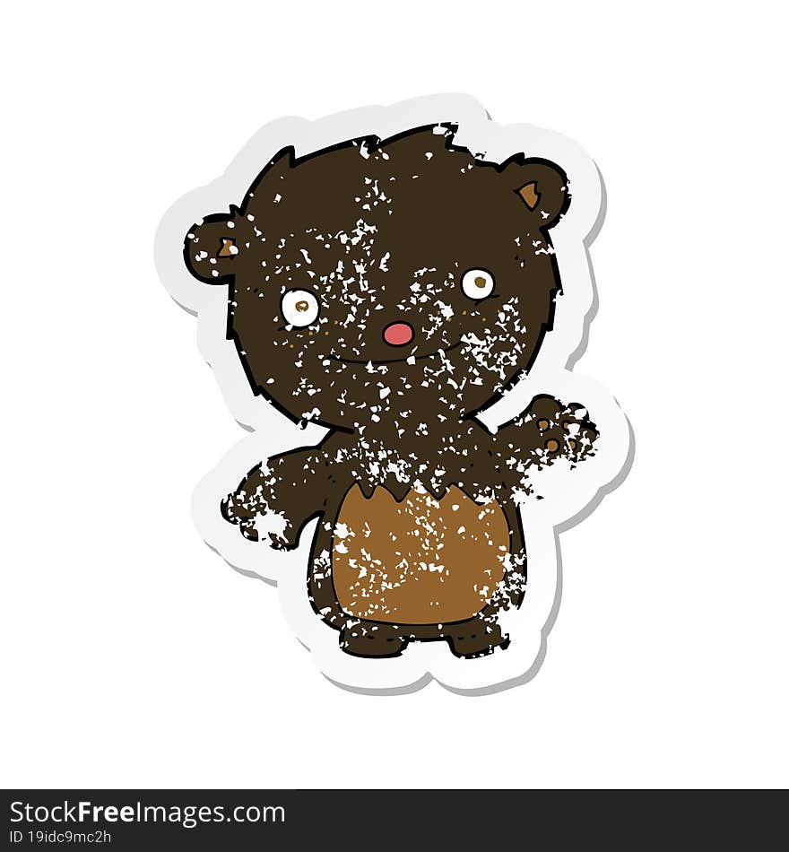 retro distressed sticker of a cartoon waving black bear cub