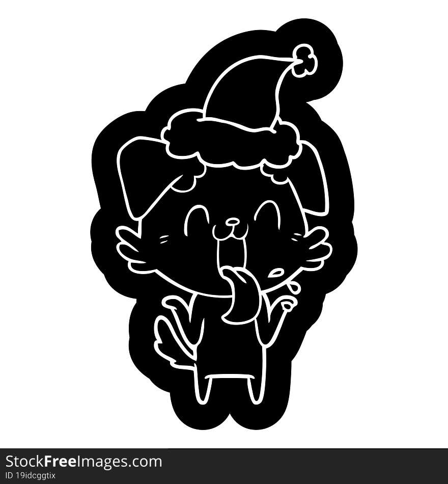 cartoon icon of a panting dog shrugging shoulders wearing santa hat