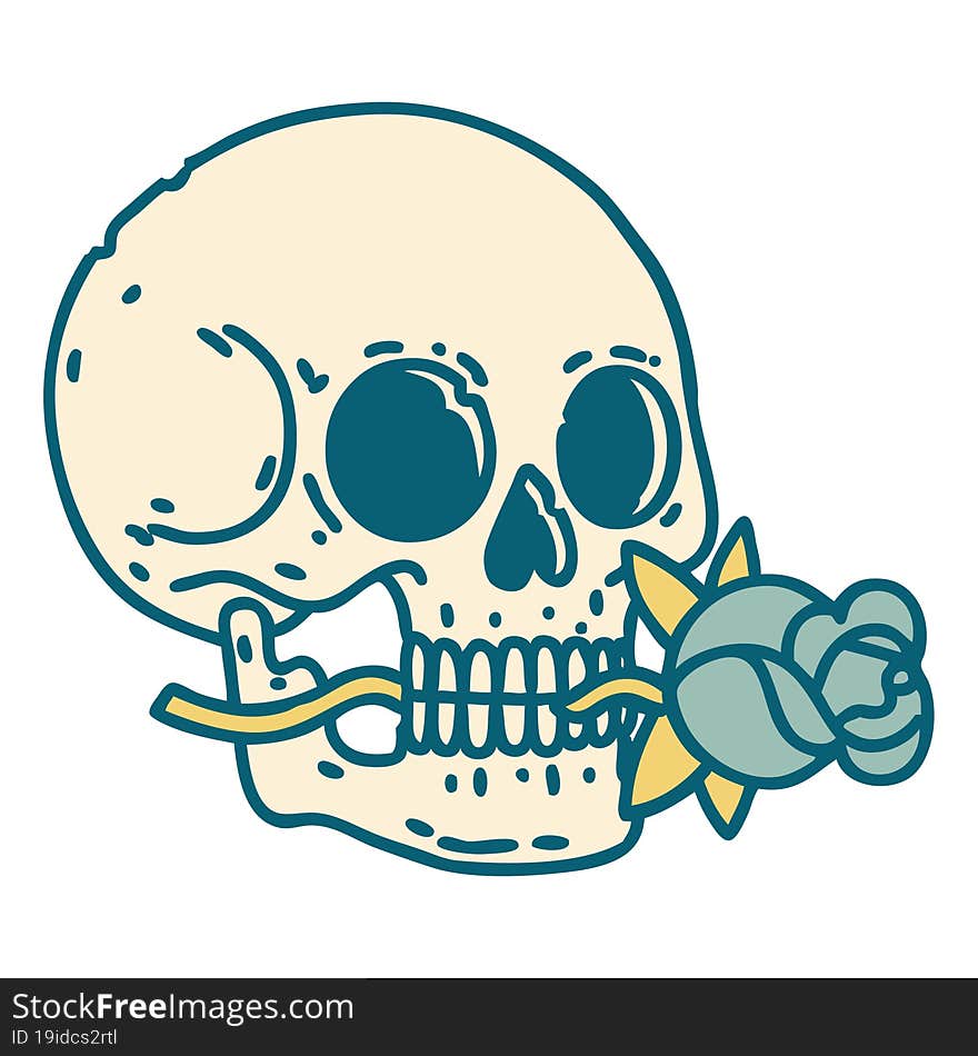 tattoo style icon of a skull and rose