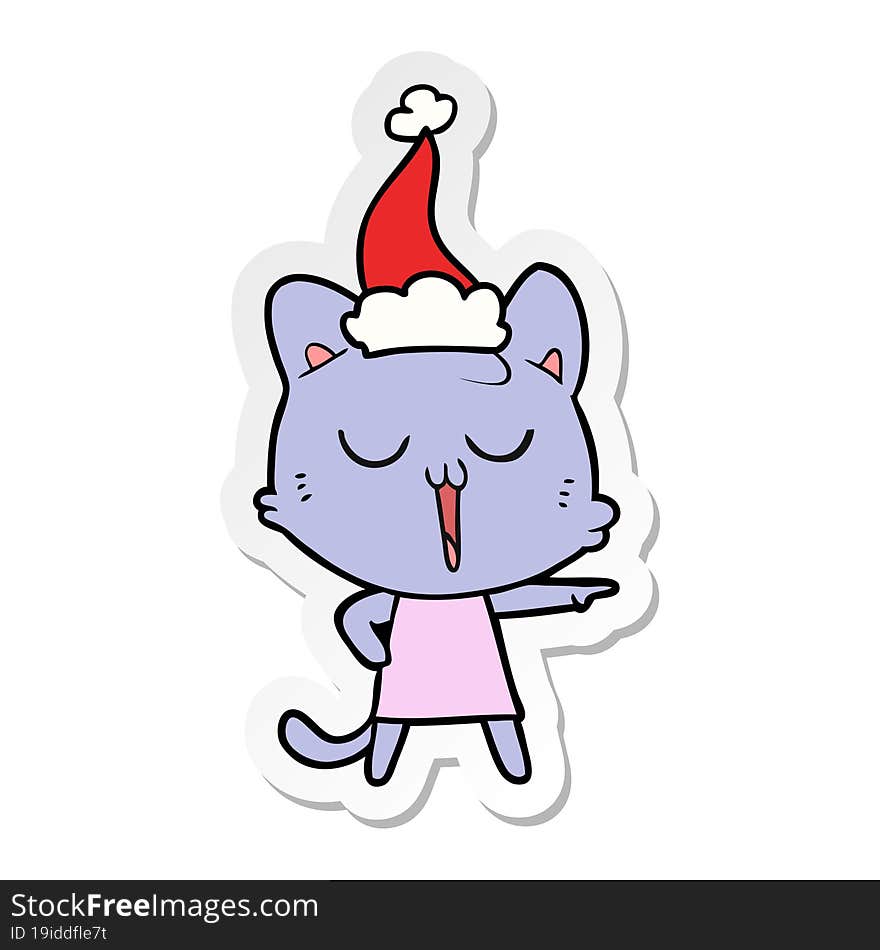 Sticker Cartoon Of A Cat Singing Wearing Santa Hat