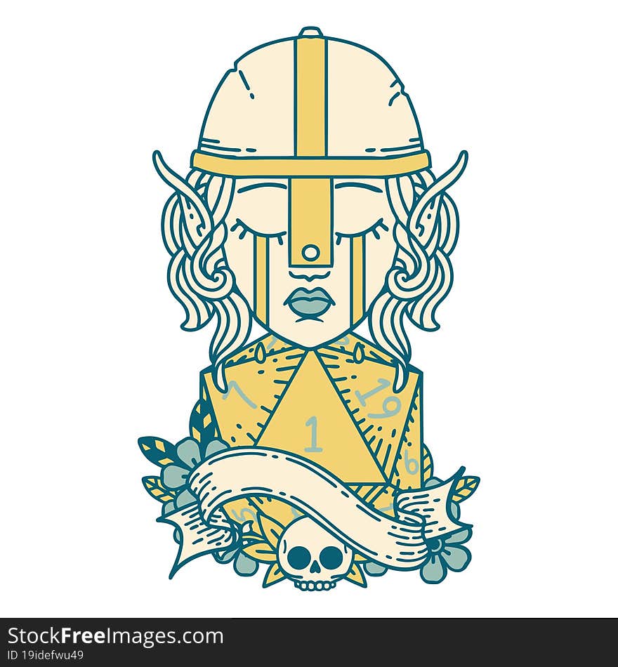 crying elf fighter character face with natural one D20 roll illustration