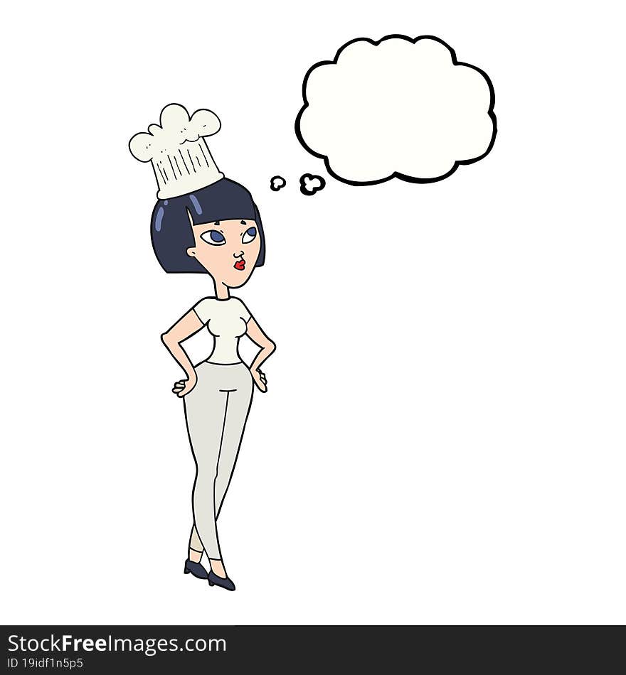 freehand drawn thought bubble cartoon female chef. freehand drawn thought bubble cartoon female chef